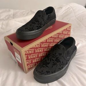 Black Rose Velvet Slip on Vans